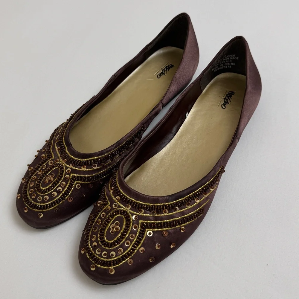Vintage Y2K 90s Brown Embellished Sequined Slip On Flats Size 7.5 Whimsy Boho